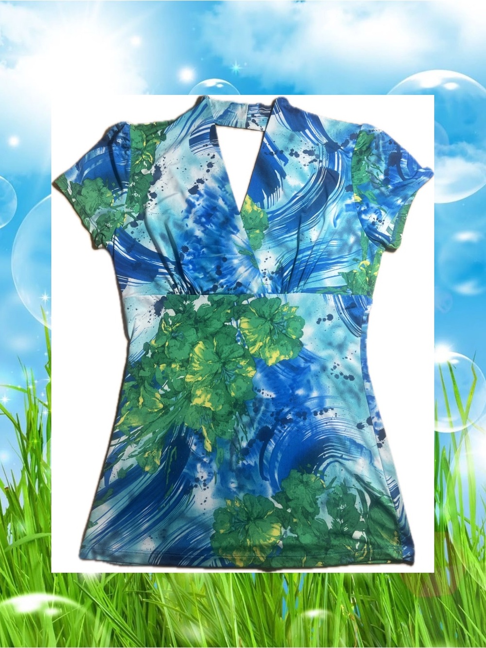 🫧🐠 Frutiger Aero Vintage Y2K Yoo'n Me Abstract Graphic Top V-Neck Keyhole Back